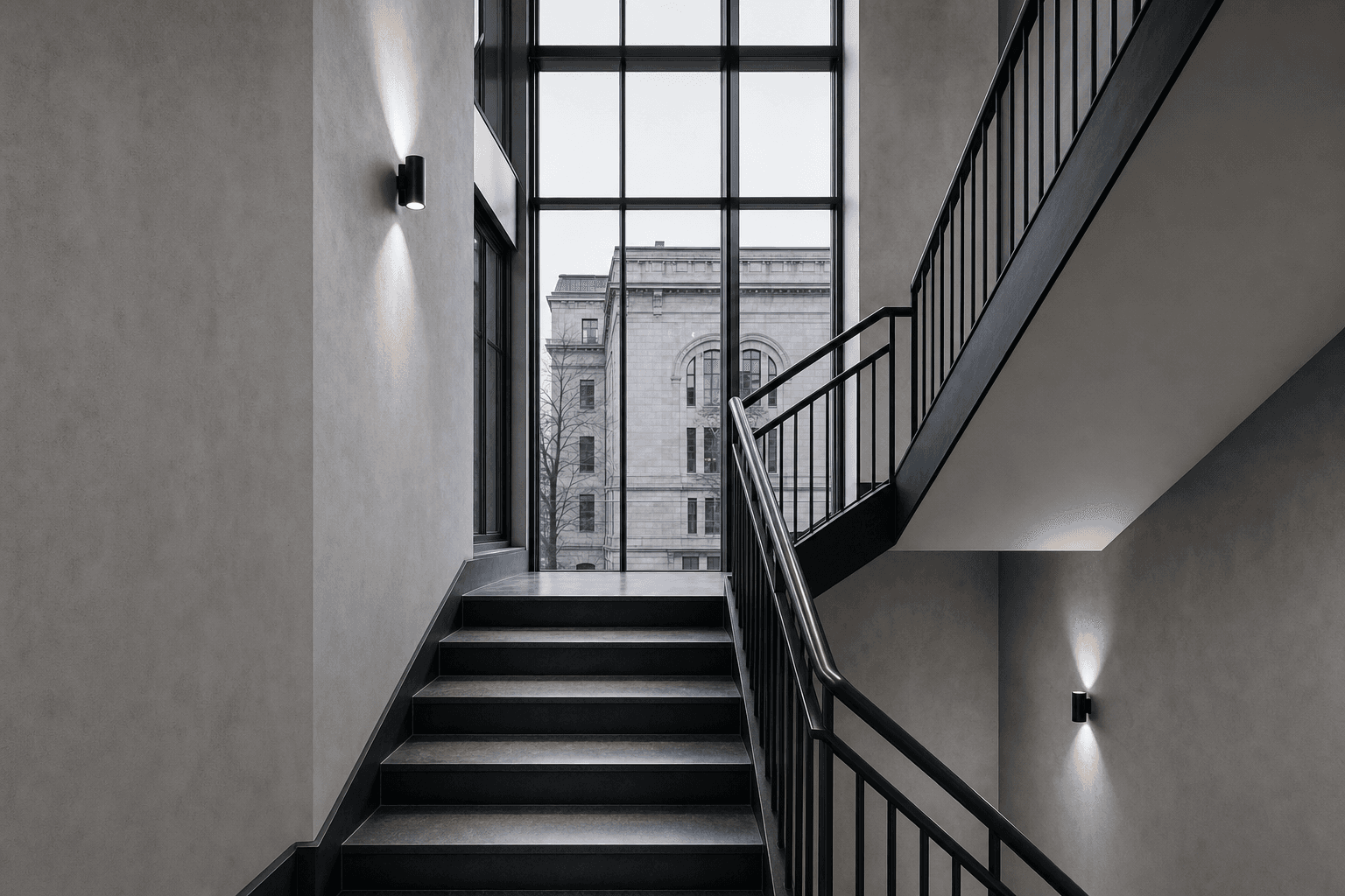 Modern stairwell with a view of a stone building