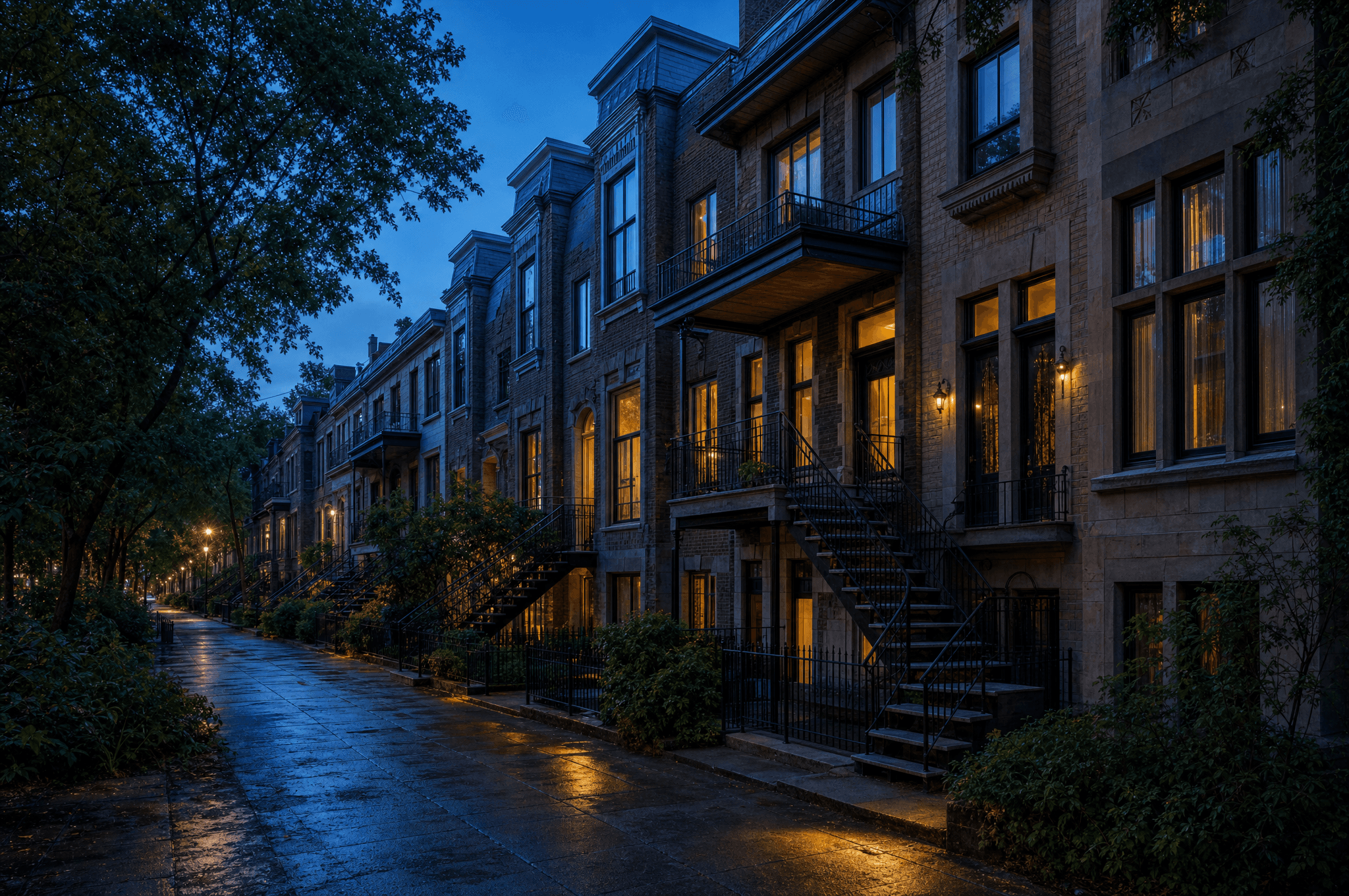 Evening view of a Montreal rowhouse street