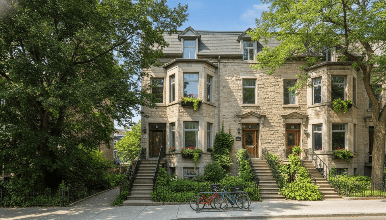 Montreal triplex facade with black exterior stairs