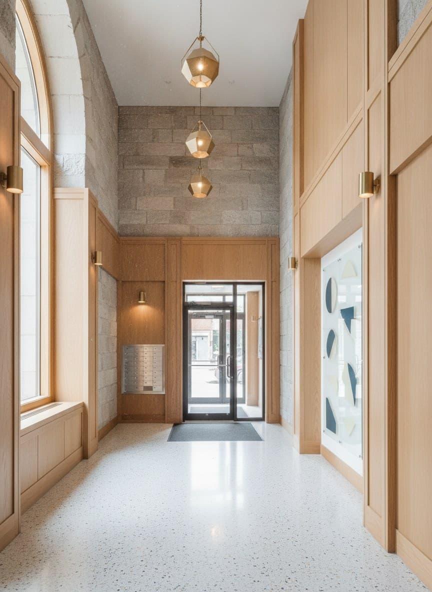 Monochrome building lobby with mailboxes and staircase